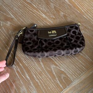 Coach Dark Brown Signature Wristlet Clutch with Gold Hardware